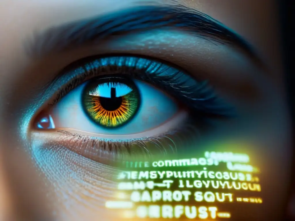 Mirada multilingüe: ojos intensos con lenguajes diversos Mirada intensa con idiomas variados reflejados y un brillo misterioso