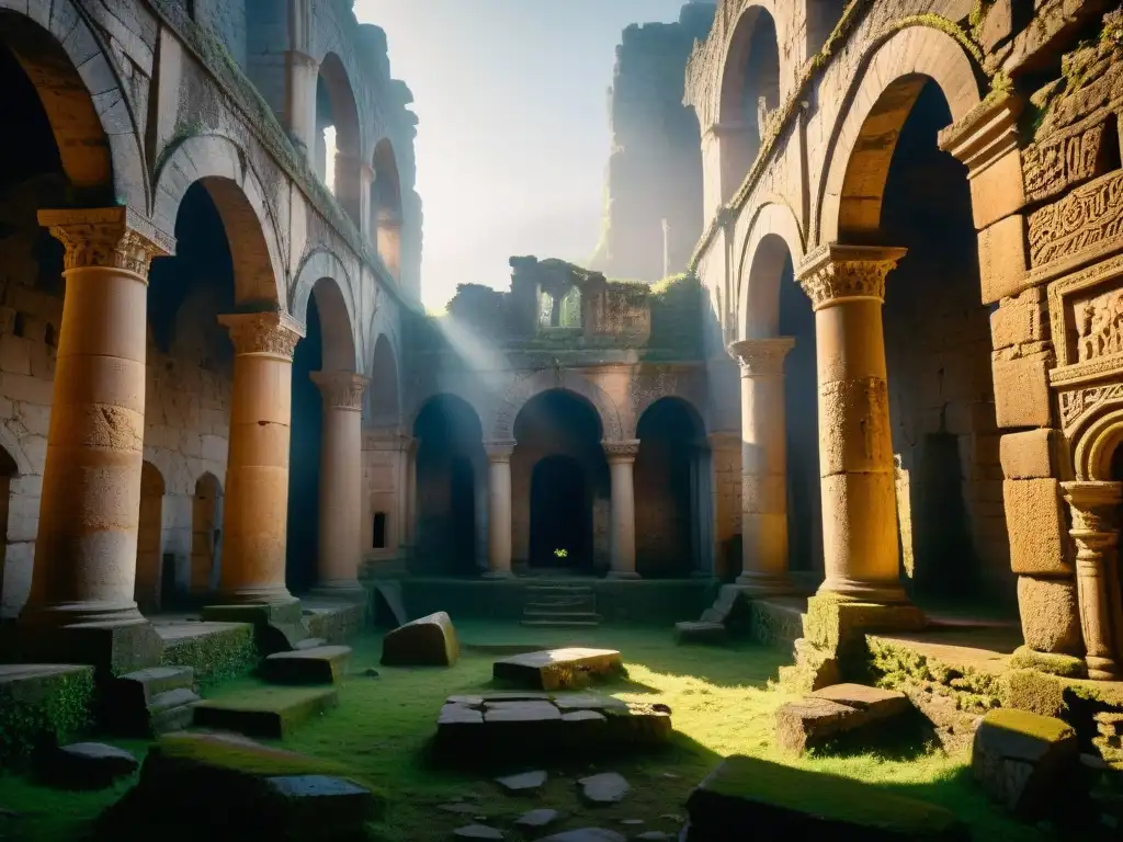 Ruinas ancestrales: Misterios y sombras en la niebla Misterio y belleza en ruinas antiguas, detectar fantasmas entre sombras y niebla