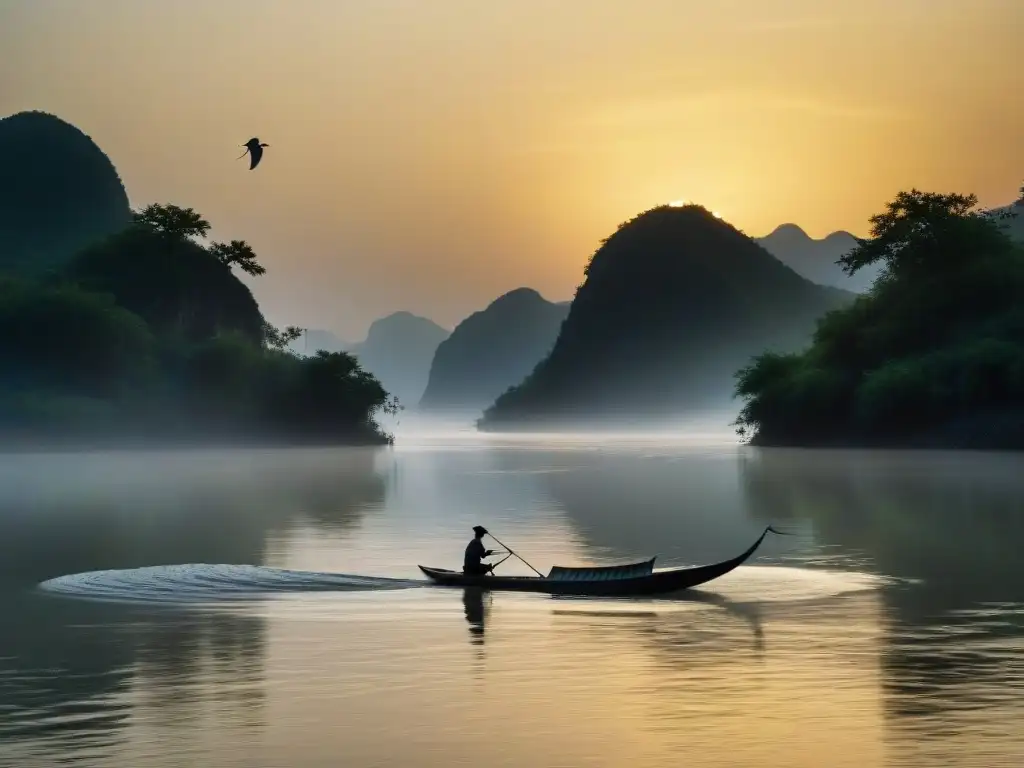 Majestuoso pez chino remando en misterioso río neblinoso El misterio del Pez Espátula Chino en los ríos, deslizándose en la niebla del amanecer