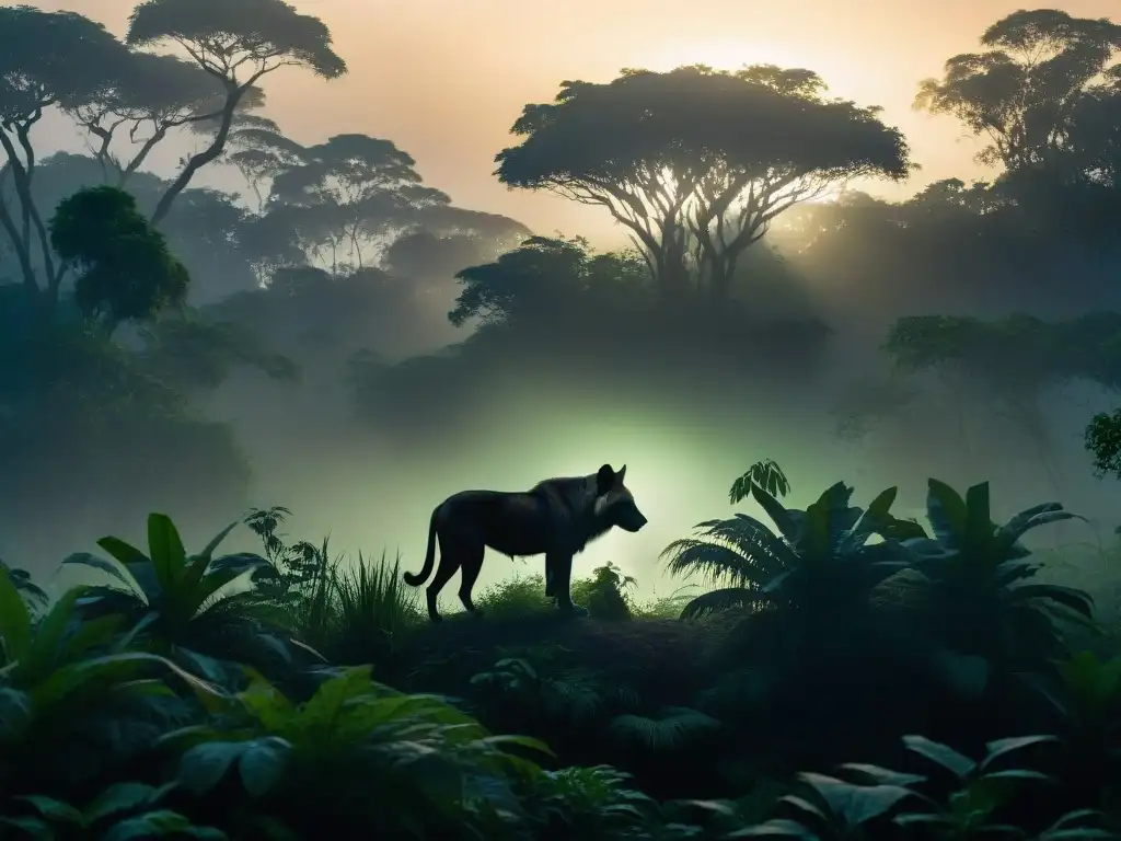 Selva africana misteriosa con licaón: atmósfera de suspense y misterio Misterio del Licaón Criptozoología Africana: escena de jungla densa al anochecer con sombras inquietantes y criatura misteriosa entre la maleza
