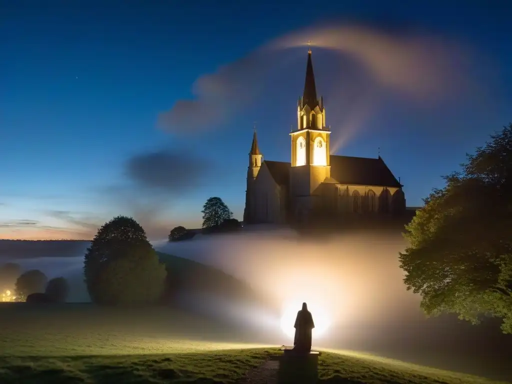 Misterio nocturno: Aparición de la Virgen en Pontmain Misterio y devoción en la aparición mariana de Pontmain, iluminada por una luz etérea