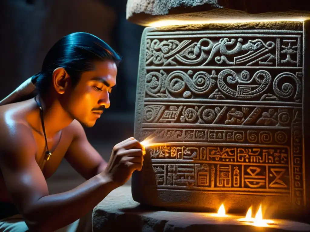 Escritor zapoteca desvelando misterios ancestrales en la penumbra El misterio de la escritura Zapoteca: descifrando códigos ancestrales en penumbra