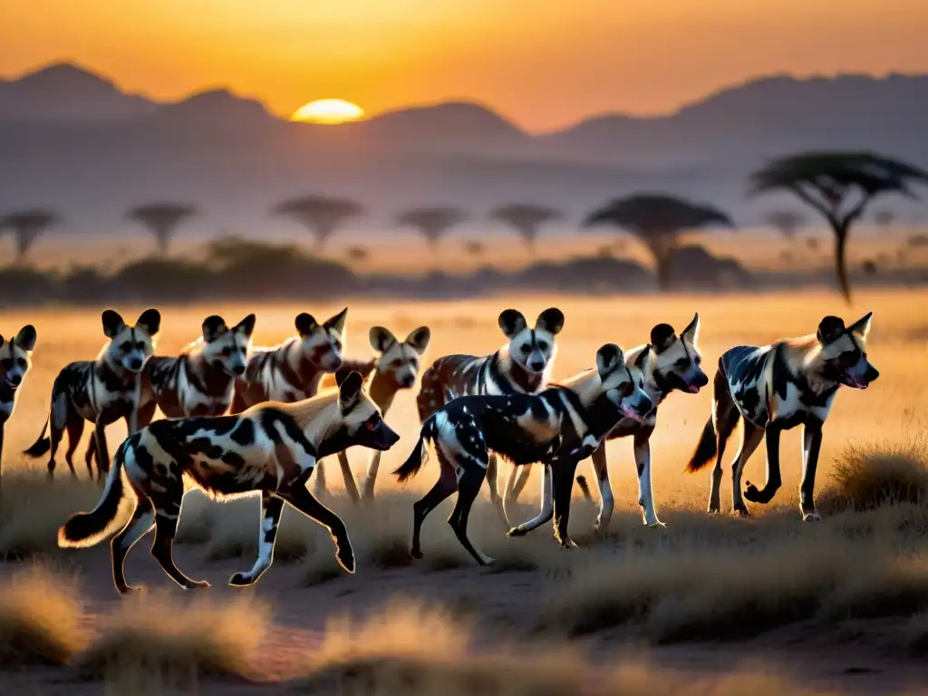 Manada de Licaones en la Sabana Africana al Atardecer El misterio del Licaón: manada de perros salvajes africanos moviéndose sigilosamente al atardecer en la sabana dorada
