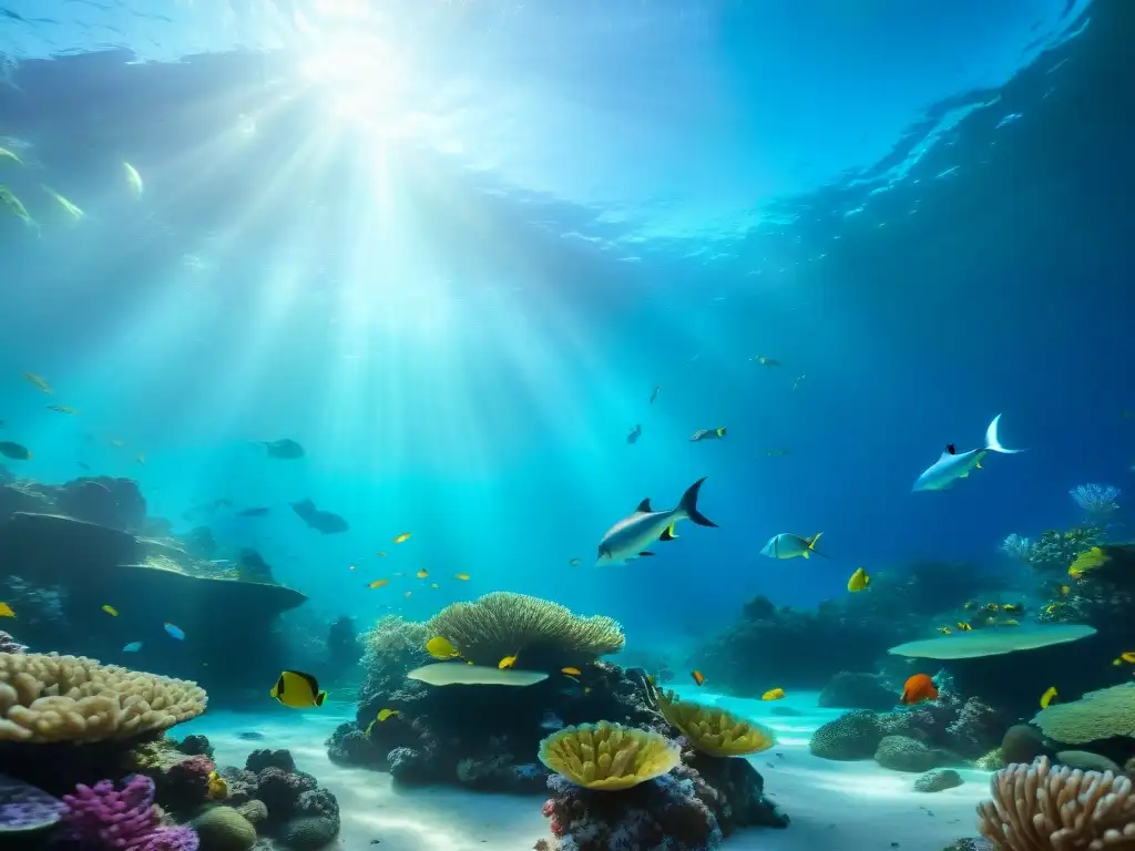 Encantadoras sirenas nadan entre corales en un escenario submarino Misterio de sirenas hipnóticas nadando en arrecife de coral, bajo la luz del sol