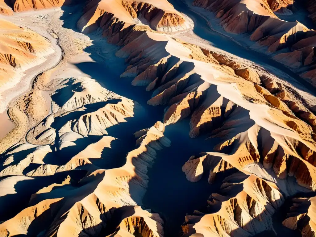 Explora el misterio de Valle de la Luna, Chile, en esta foto aérea de formaciones rocosas únicas bajo el sol y cielo azul