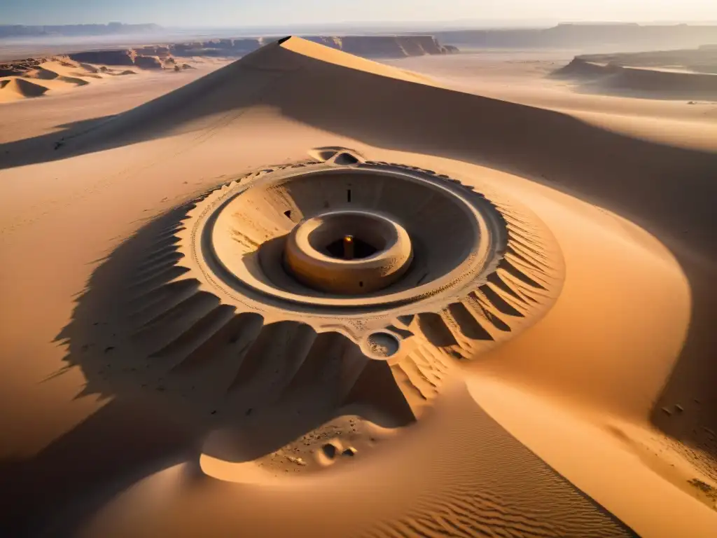 Explora los misterios de antiguas estructuras subterráneas en el desierto al amanecer
