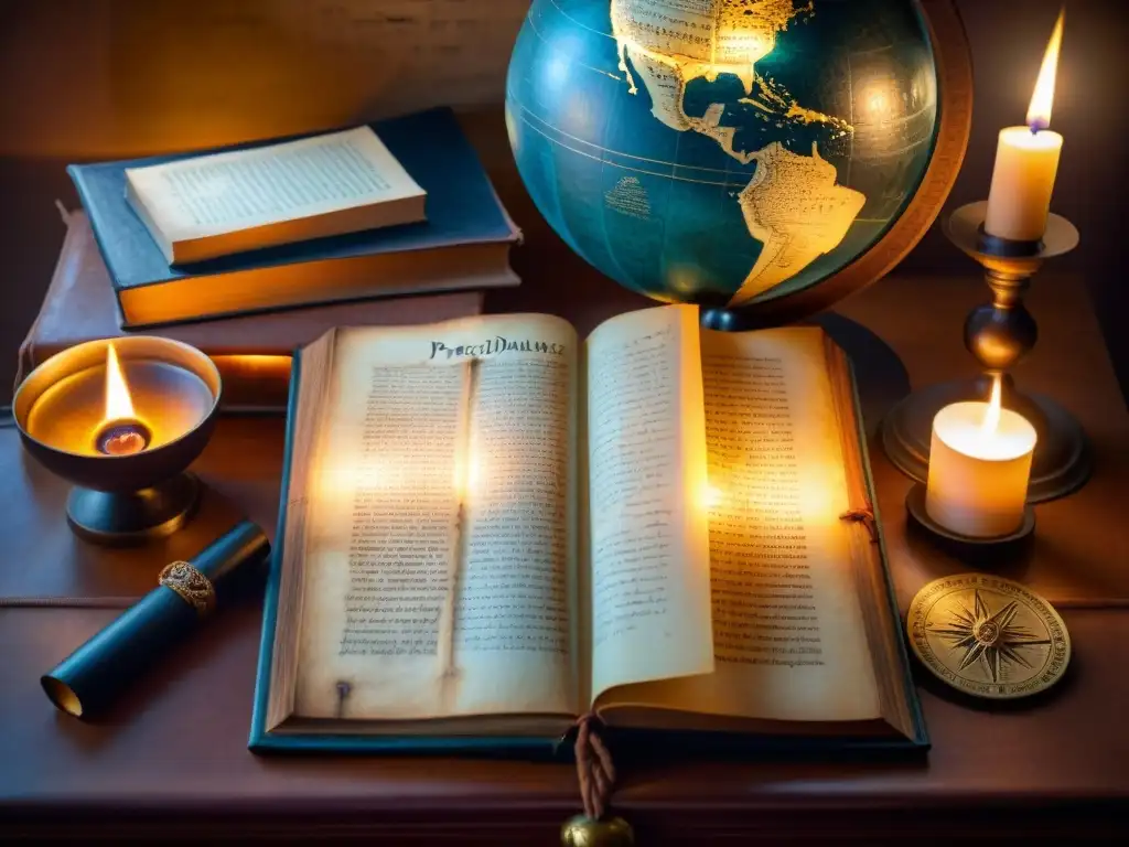 Misterios antiguos y profecías reveladas: pergamino con escritos de Nostradamus, iluminado por velas, rodeado de libros y un globo terráqueo