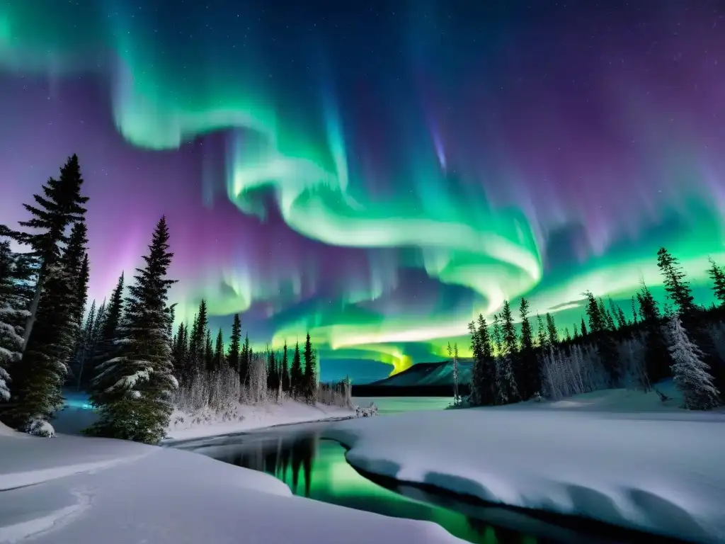 Espectáculo mágico: Auroras Boreales danzan sobre paisaje nevado Misterios Auroras Boreales Cambios Climáticos: Hipnótico baile de luces en el cielo estrellado sobre un paisaje nevado