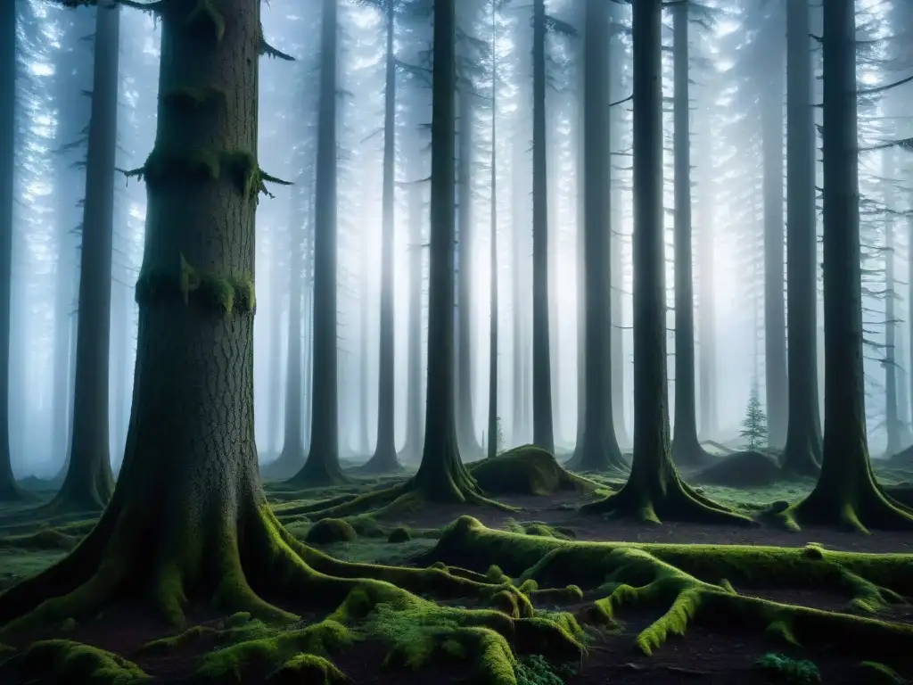 Misterios de la Bestia de Gévaudan: Ojos brillantes entre la neblina en un bosque oscuro al anochecer