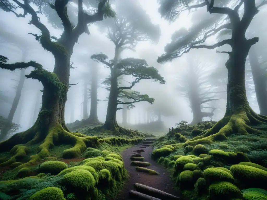 Bosque misterioso de Zugarramurdi: niebla y encanto Misterios de las Brujas en Zugarramurdi: Bosque antiguo envuelto en niebla matutina, árboles retorcidos y sendero de piedra
