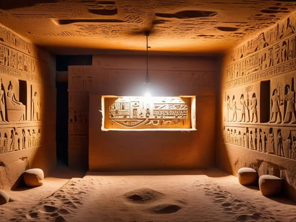 Descubre la cámara subterránea egipcia: dioses, jeroglíficos y secretos Descubre los misterios de una ciudad subterránea egipcia en penumbra con jeroglíficos antiguos y dioses grabados en las paredes