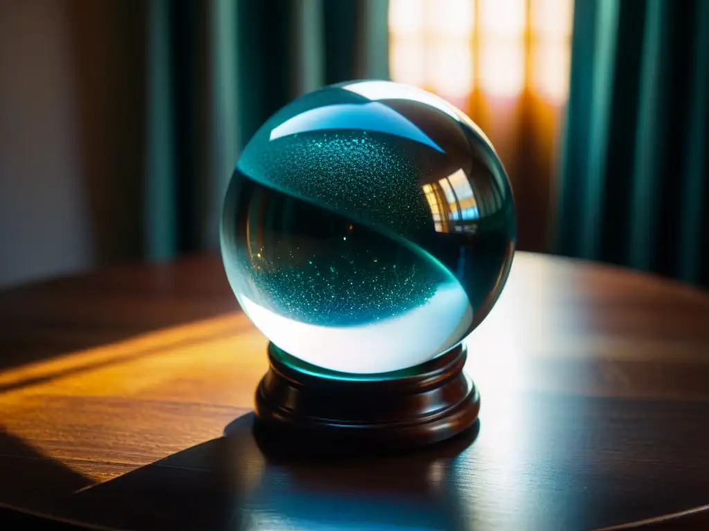 Visión mística: bola de cristal revela secretos ancestrales Misterios de la clarividencia reales: una bola de cristal en una mesa de madera iluminada por una luz etérea en una habitación tenue