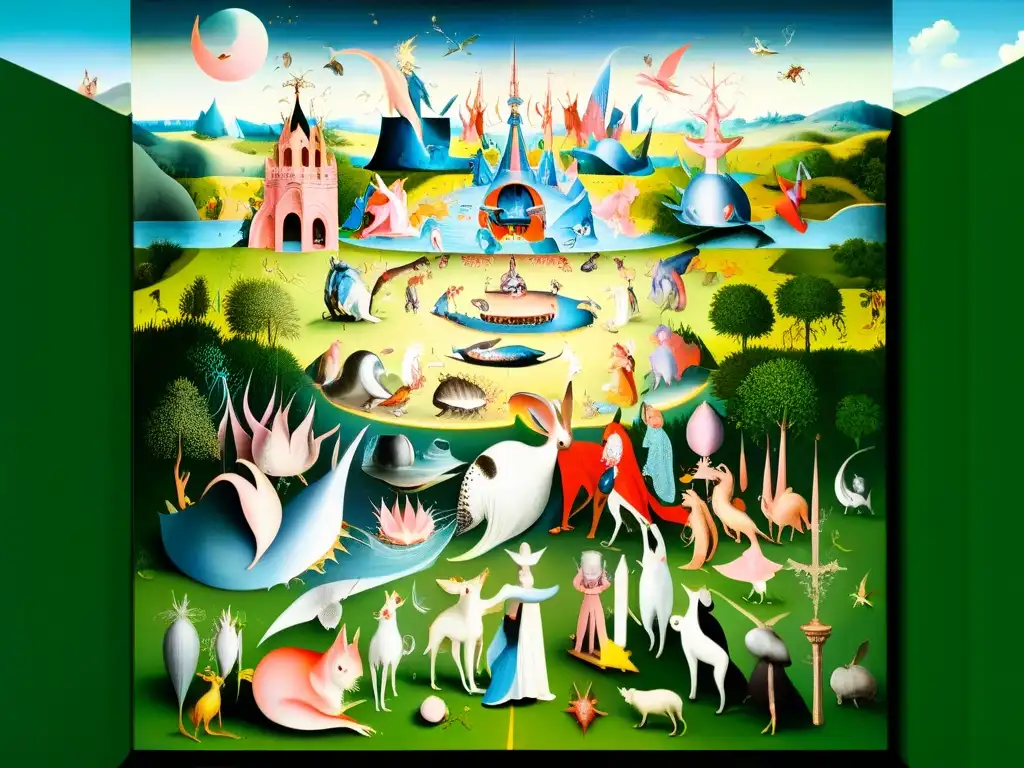 Detalles surrealistas de 'El Jardín de las Delicias' de Bosch Misterios y criaturas en el Jardín Delicias de Bosco, con mensaje oculto en pintura surrealista