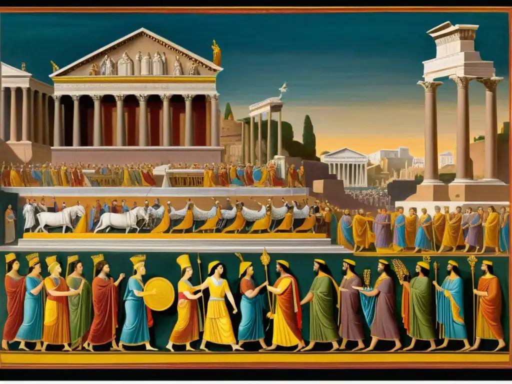 Procesión majestuosa en Roma antigua dedicada a Cybele Misterios del culto a Cybele: Procesión en Roma antigua con sacerdotes y adoradores adornados, música y estatuas de la diosa