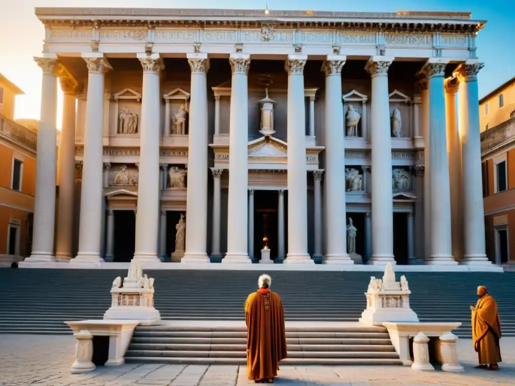 Templo de Cybele en Roma: Detalles y devoción al atardecer Misterios del culto a Cybele: Antiguo Templo de Cybele en Roma con detalles tallados y devotos en atardecer místico