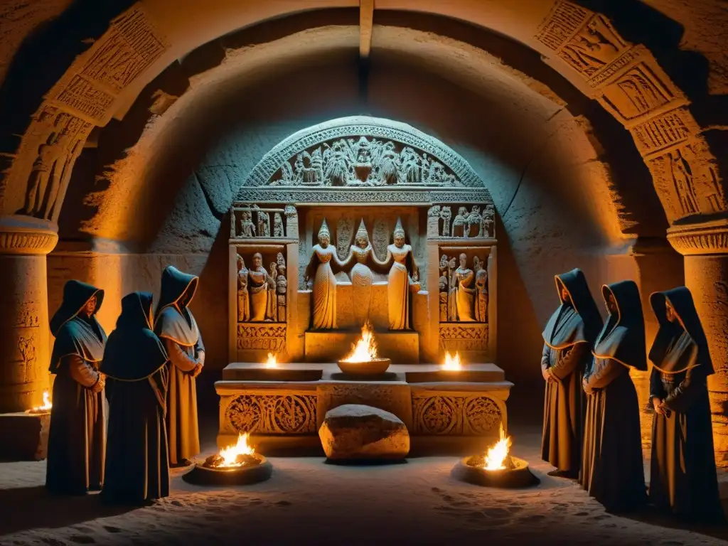 Ritual misterioso en la Cámara de Cybele: culto antiguo Descubre los misterios del culto a Cybele en una cámara subterránea llena de rituales antiguos y figuras encapuchadas