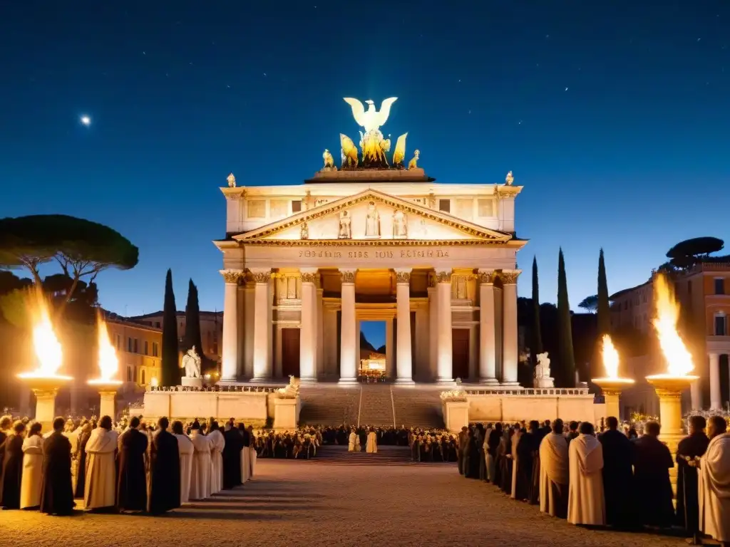 Templo de Cybele en Roma: misterio y devoción bajo las estrellas Misterios del culto a Cybele: Intrincadas esculturas de la diosa en el antiguo templo, rodeadas de adoradores con antorchas en la noche estrellada