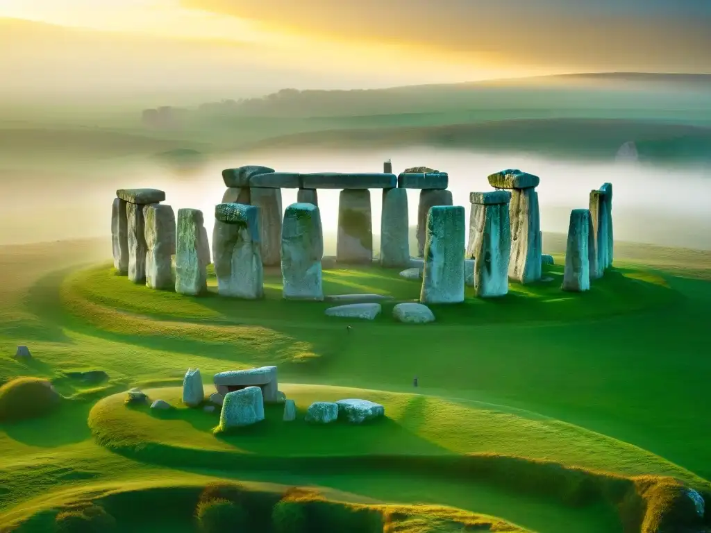 Majestuoso amanecer en Stonehenge: misterio y esplendor Misterios de Stonehenge desentrañados: Vista aérea de los antiguos monolitos envueltos en neblina dorada al amanecer
