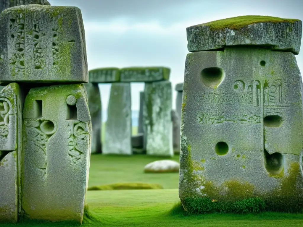 Misteriosos grabados en piedras ancestrales de Stonehenge Misterios de Stonehenge desentrañados: Detalle de intrincadas inscripciones en las antiguas piedras erigidas