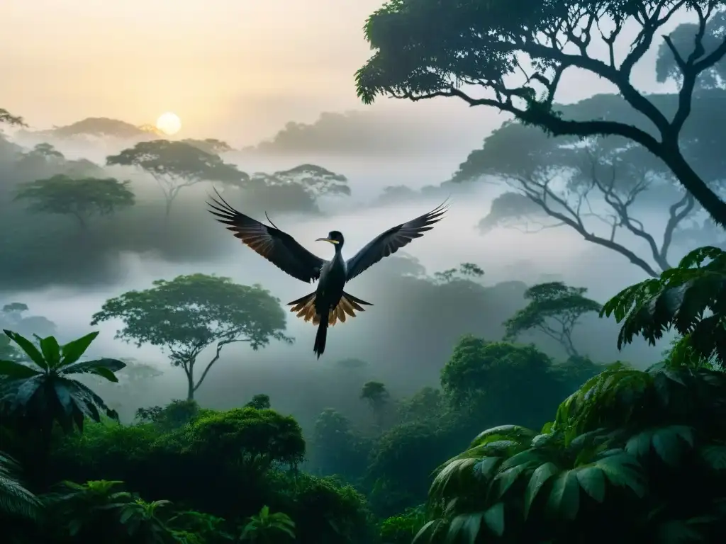 Majestuoso Gigante de Java en la selva misteriosa Misterios del Gigante de Java: jungla densa al amanecer con niebla y ave majestuosa en rama cubierta de musgo