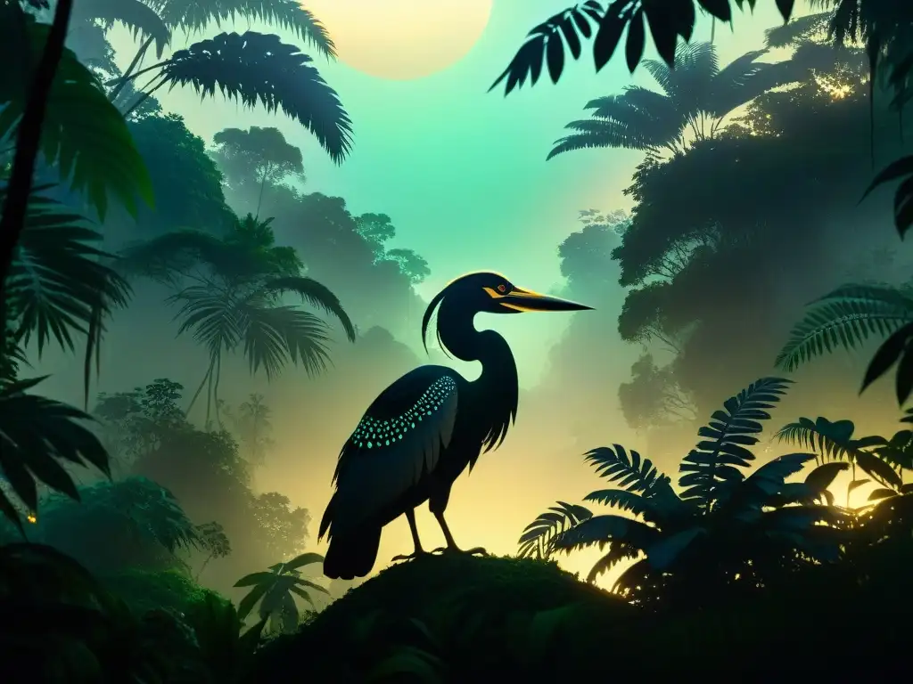 Majestuoso pájaro mítico en la jungla de Java al atardecer Misterios del Gigante de Java: Majestuoso pájaro mítico entre la exuberante jungla al anochecer, iluminado por luciérnagas