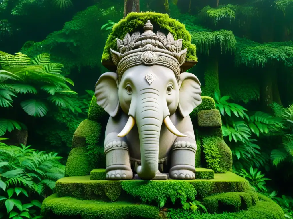 Estatua misteriosa del Gigante de Java: secretos ancestrales Misterios del Gigante de Java: Estatua de piedra antigua cubierta de musgo en la jungla verde, revelando secretos perdidos