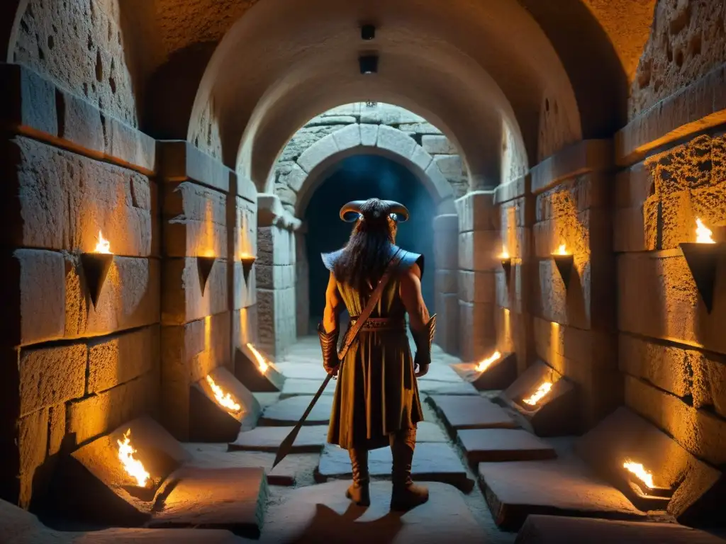 Misterioso laberinto subterráneo: detalle y misterio Explora los misterios del Laberinto del Minotauro en esta estructura subterránea, iluminada por antorchas