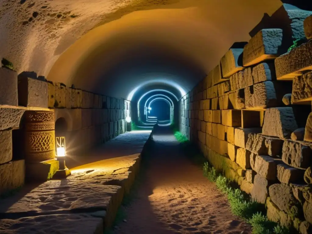 Laberinto enigmático de túneles subterráneos en Creta Misterios del Laberinto del Minotauro: Intrincadas galerías subterráneas iluminadas por antorchas, con antiguas paredes de piedra cubiertas de símbolos y grabados en la oscuridad