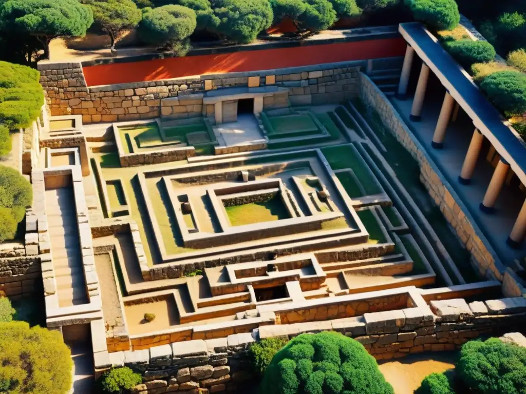 Misterioso laberinto de Knossos: intrincadas cámaras y símbolos ancestrales Explora los misterios del Laberinto del Minotauro, con sus intrincados pasillos y símbolos enigmáticos, iluminados por antorchas