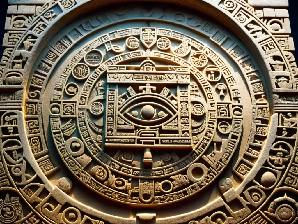 Calendario Maya en Piedra: Misterios del 2012 Misterios mayas del 2012: detallado calendario tallado en piedra, iluminado por suave luz, revela la espiritualidad ancestral