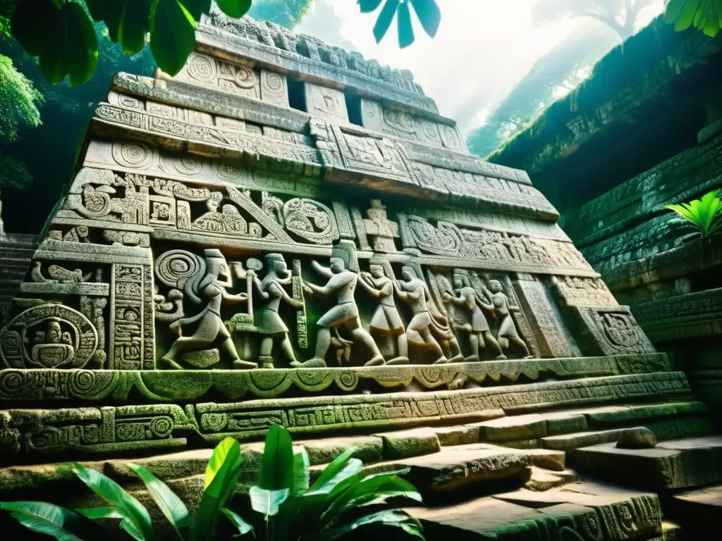 Misteriosas inscripciones en ruinas mayas de Palenque Misterios mayas: detallados grabados de piedra en Palenque, con símbolos intrigantes bajo la luz mística de la selva