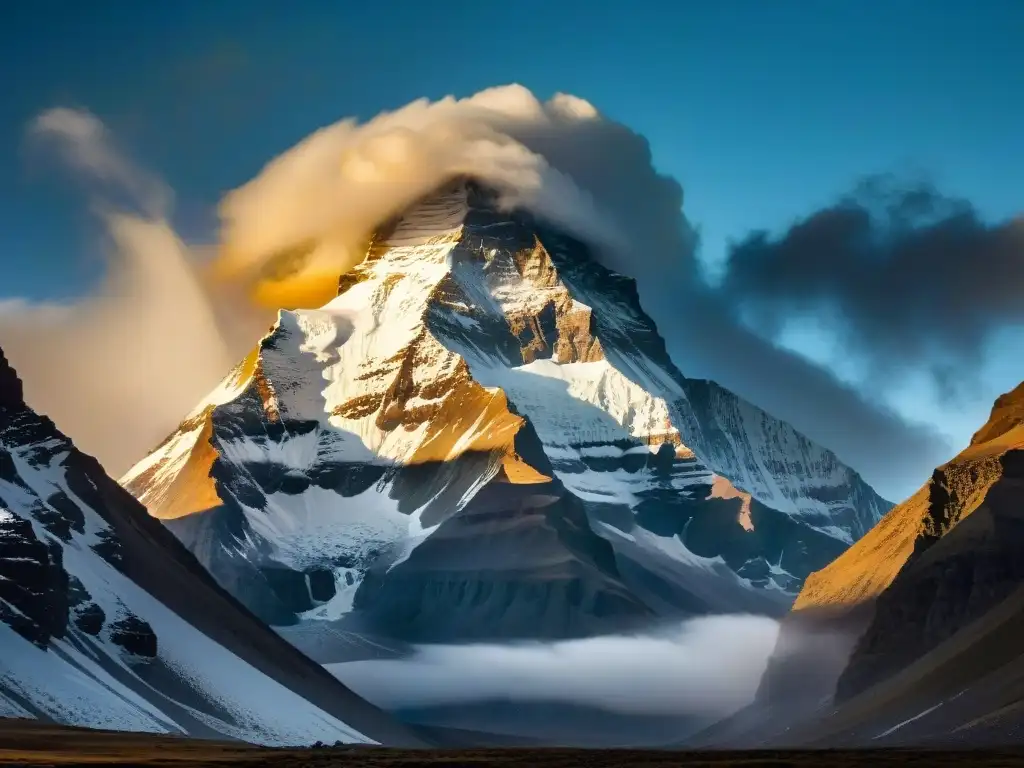 Majestuoso Mount Kailash: Misterio y Espiritualidad Misterios Monte Kailash Sagrados: la majestuosidad del Monte Kailash envuelto en niebla, con el sol dorado rompiendo las nubes