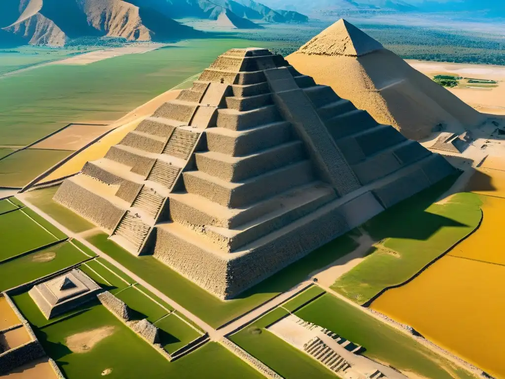 Misterio ancestral: Pirámides de Caral desde el cielo Misterios desentrañar en las Pirámides de Caral, vista aérea detallada