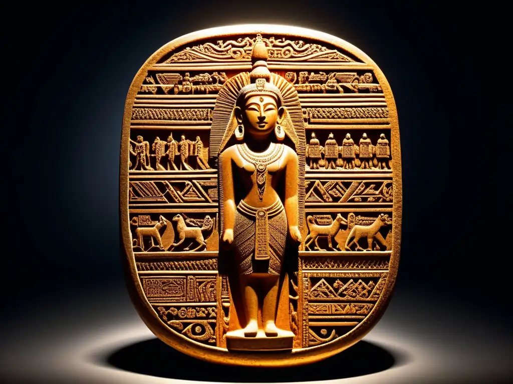 Misterioso artefacto de la Civilización del Valle del Indo Misterios cultura Indus resueltos: Detalle de artefacto antiguo con intrincadas inscripciones y símbolos en misteriosa iluminación