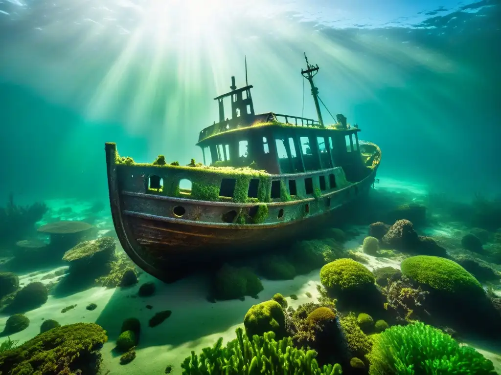 Explora un naufragio misterioso bajo el mar Descubre misterios submarinos y criptografía en un naufragio cubierto de algas y rodeado de curiosas criaturas marinas