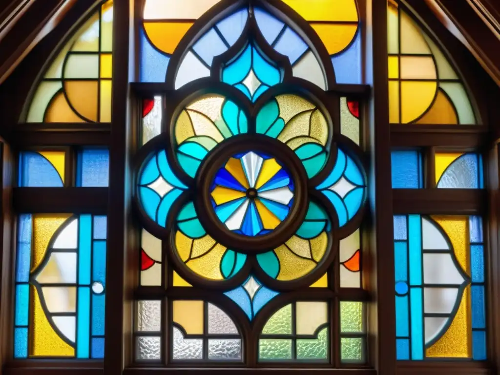 Ventana vitral Winchester Mystery House: luz y sombra en 8k Misteriosa arquitectura espectral: vitral detallado en la Mansión Winchester