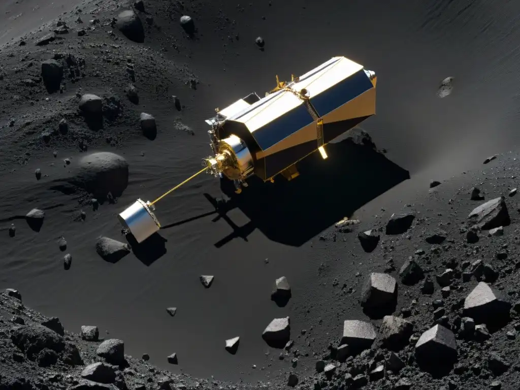 Exploración detallada: Hayabusa recopila muestras en asteroide oscuro Exploración misteriosa de asteroides: Detallada imagen de Hayabusa recolectando muestras en un asteroide oscuro