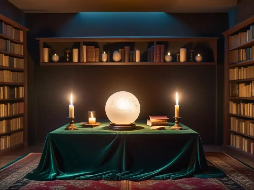 Escena mística: cuarto con bola de cristal y figura fantasmal Una habitación misteriosa con bola de cristal, velas y libros