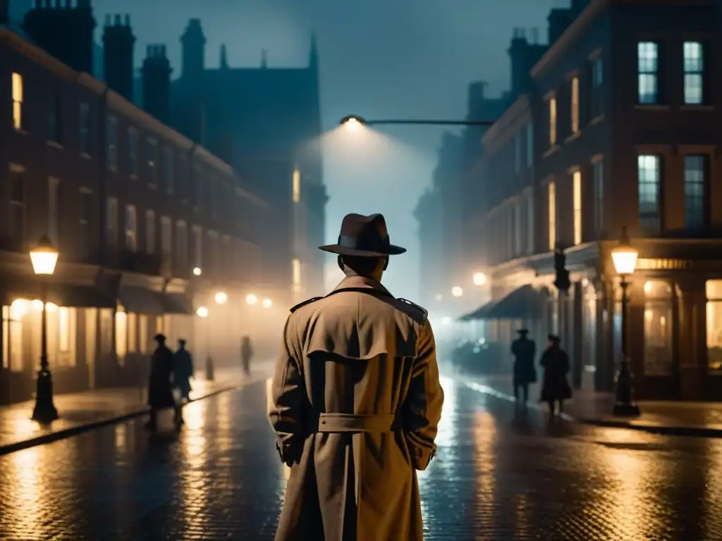 Nocturno misterio: figura en la niebla bajo farola En una misteriosa calle nocturna, un enigmático personaje bajo una farola, evocando rastreo leyendas urbanas aplicaciones
