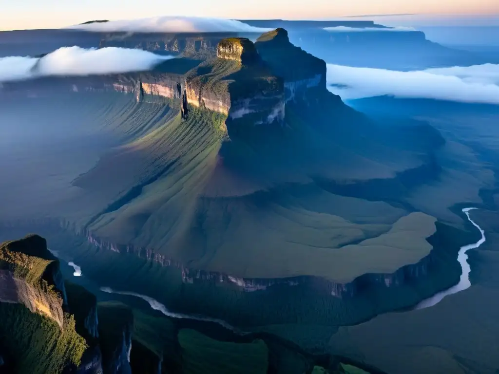 Majestuoso Mount Roraima al amanecer: misterio y grandiosidad La misteriosa cima del Monte Roraima inspira con su grandiosidad y enigma en la neblina al amanecer