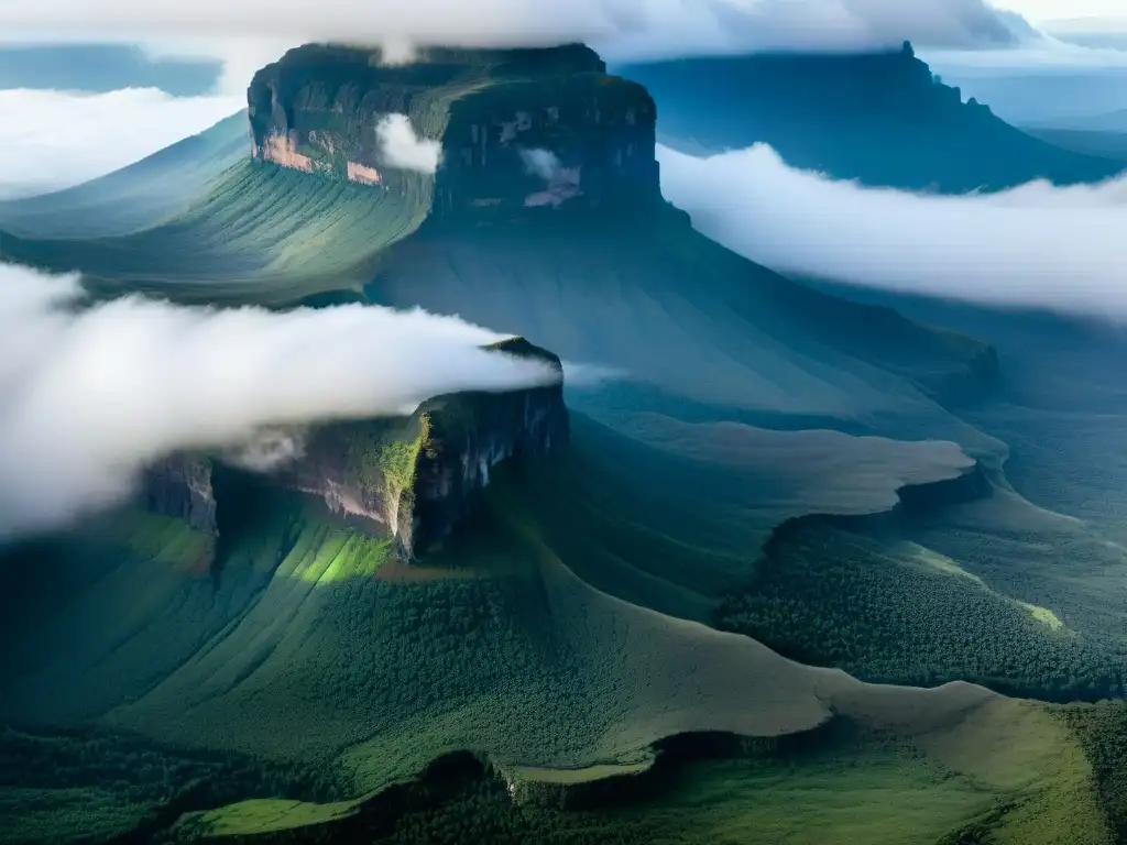 Monte Roraima: Majestuosidad mística en 8k Misteriosa cima de Monte Roraima envuelta en niebla, evocando inspiración y misterio