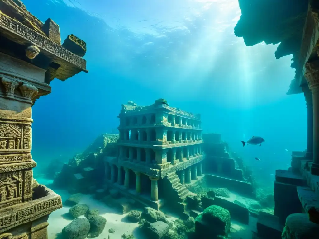 Ruinas submarinas de Dwarka: Misterio y belleza sumergida Descubre la misteriosa ciudad sumergida Dwarka Krishna, con ruinas antiguas cubiertas de vida marina en tonos azules profundos