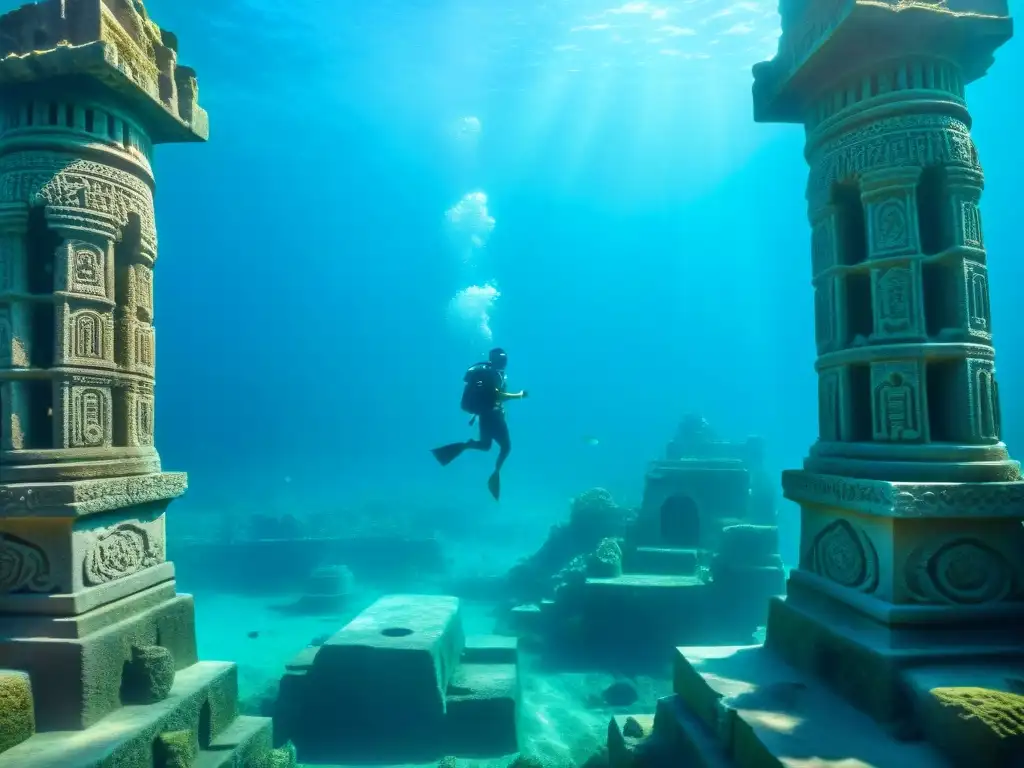 Ruinas sumergidas de Dwarka: Misterios ancestrales bajo el mar Misteriosa ciudad sumergida Dwarka Krishna: ruinas antiguas, pilares tallados y vida marina en el fondo marino iluminado por el sol