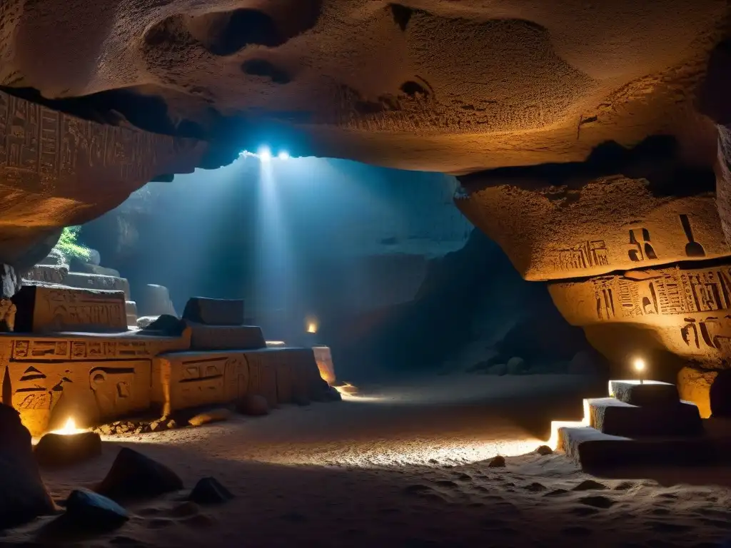 Misteriosa cueva iluminada: antiguas civilizaciones Una misteriosa cueva iluminada por un rayo de luz, con hieroglíficos antiguos