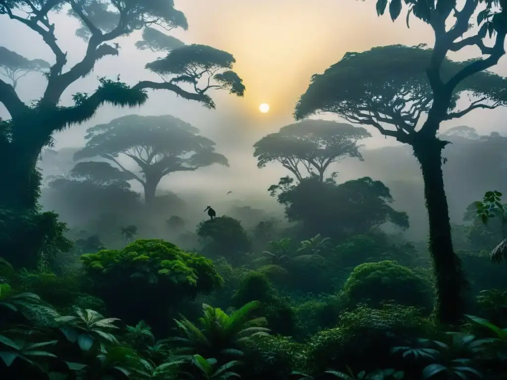Misteriosa selva al anochecer con Dodo Misteriosa extinción del Dodo en la densa jungla al anochecer