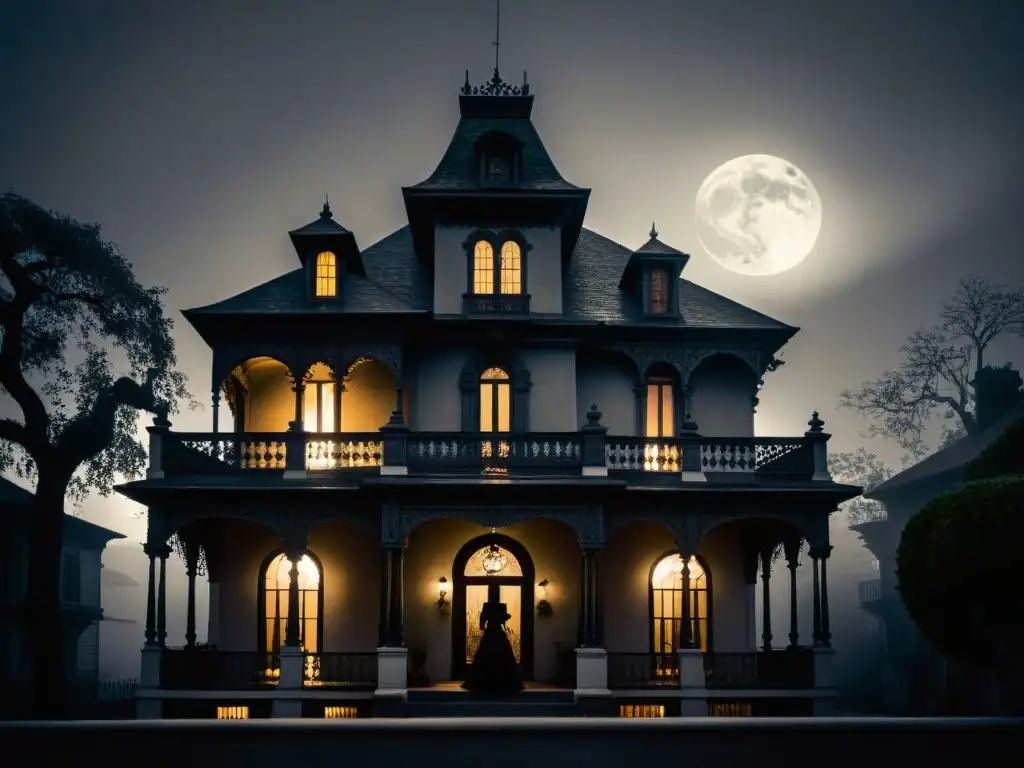 Misteriosa Casa Encantada de la Calle Franklin bajo la Luna llena La misteriosa Casa Encantada de la Calle Franklin envuelta en niebla y luz de luna, capturando su inquietante belleza
