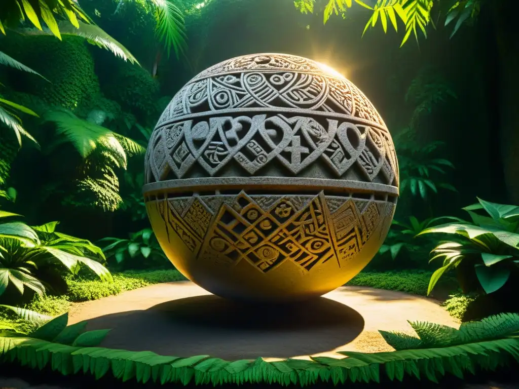 Misteriosa esfera de piedra en la selva ancestral Misteriosa esfera de piedra gigante, tallada con símbolos en la jungla ancestral