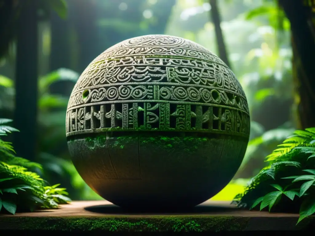 Misteriosa esfera de piedra en la selva: arte antiguo Misteriosa esfera de piedra entre vegetación exuberante en la densa selva