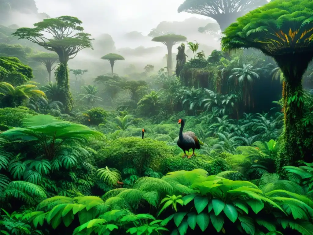 Jungla exuberante con dodos: misterio y belleza natural Misteriosa extinción del Dodo en la exuberante jungla, con aves coloridas entre raíces y niebla