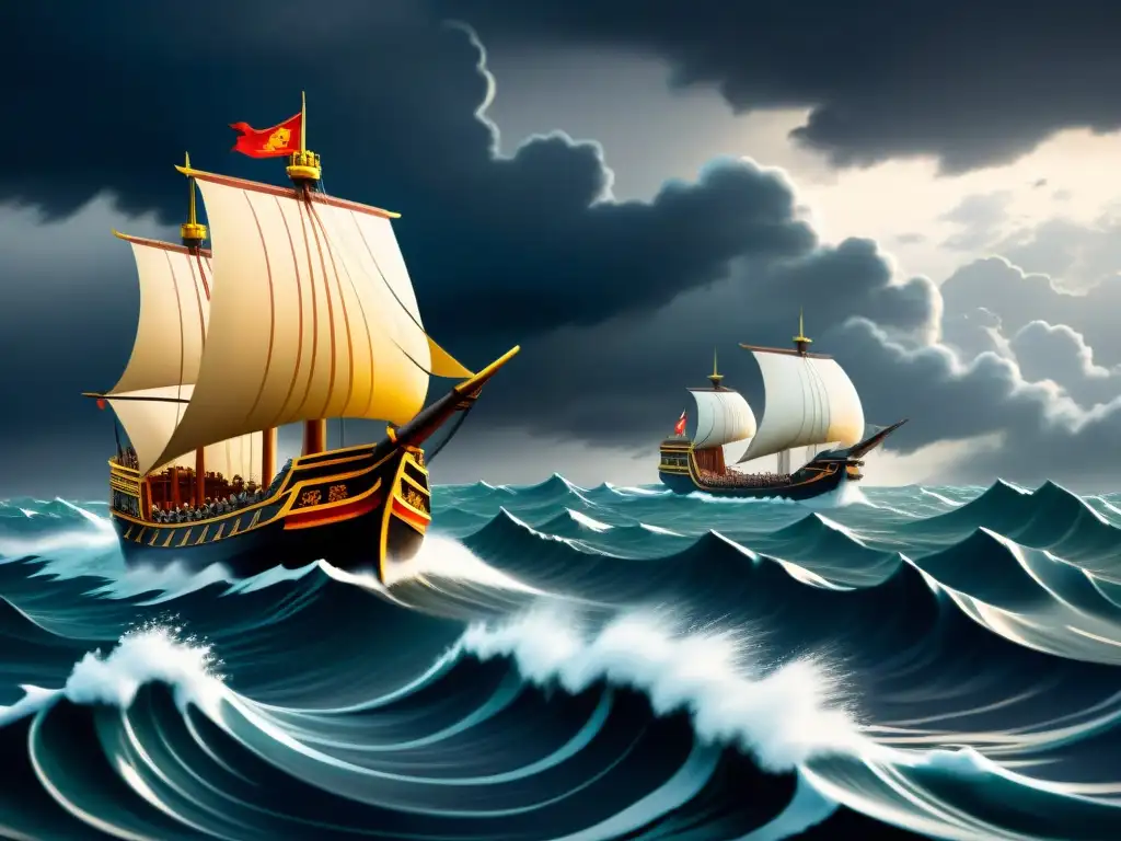 Armada de Kublai Khan zarpa hacia Japón: misterio y peligro en alta mar Misteriosa flota de Kublai Khan zarpa hacia Japón, con nubes de tormenta y mar agitado